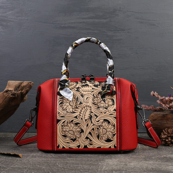 Leather Carving Stylish Textured Vintage First Layer Cowhide Portable Messenger Bag - Image 10