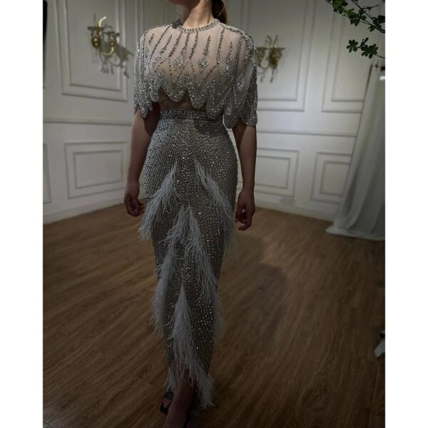 European And American Silver Nude Slim-fit Feather Shawl Host Performance Ladies' Evening Dress - Image 5