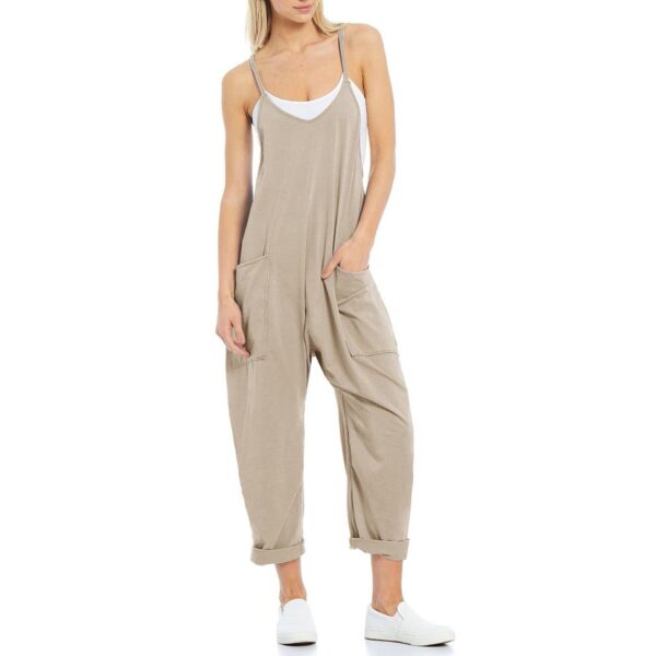 Women's Pocket Spaghetti Straps Knitted One-piece Trousers - Image 4