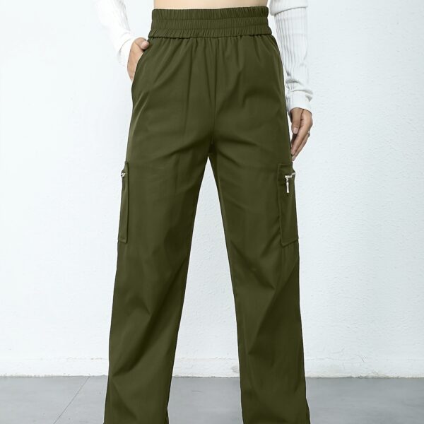 Ladies' Solid Color Pocket Zipper Elastic Waist Fashionable Loose Work Pants - Image 2