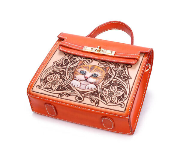 Handmade First Layer Cowhide Engraved Cat Handbag - Image 3