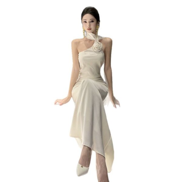 French Style Retro Elegant Sense Of Atmosphere Sloping Shoulder Dress Women - Image 4