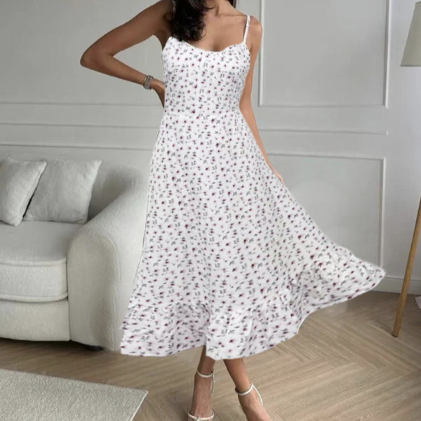Ladies’ Shallow V-neck Vacation Casual Small Floral Print Suspender Dress