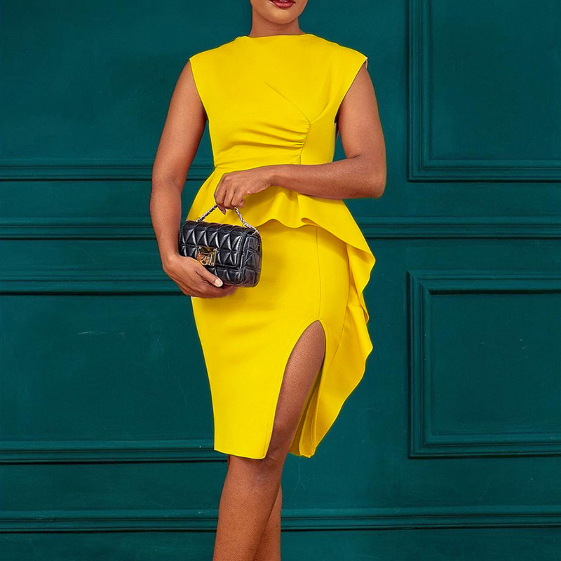 Women’s Elegant Ruffle Sleeveless Bodycon Formal Party Cocktail Pencil Midi Dress