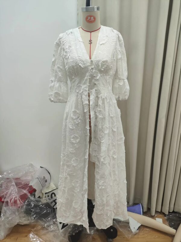 V-neck Puff Sleeve Dress White Embroidered Women - Image 6