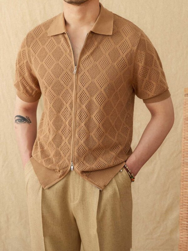 Cotton Zipper Hollow Short Sleeve Lapel Cardigan Casual Top - Image 4