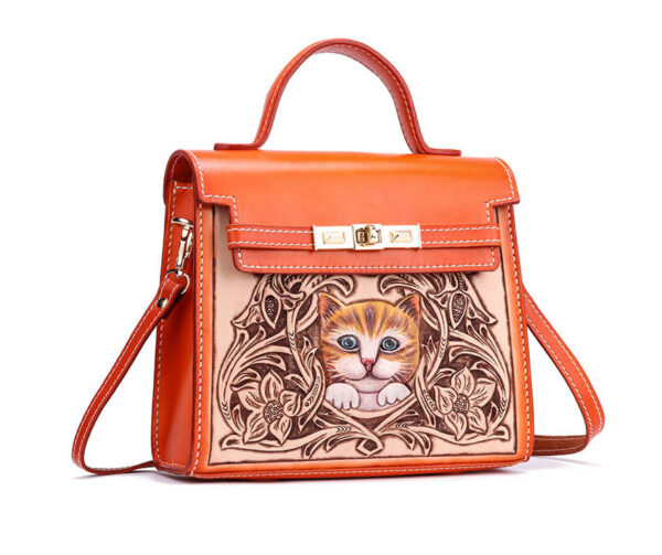 Handmade First Layer Cowhide Engraved Cat Handbag - Image 4