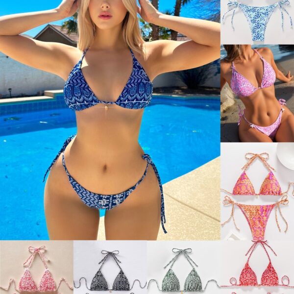 Women Printed Lace-up Bikini Split Swimsuit Swimwear - Image 7