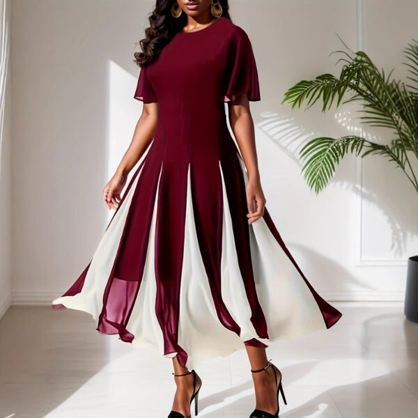 Contrast-color Chiffon Stitching Round Neck Short-sleeved Large Swing Dress Spring And Summer Women's Clothing - Image 5