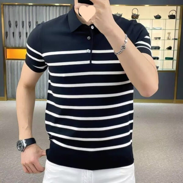 Lightly Mature Personality Striped Lapel Knitted T-shirt - Image 4