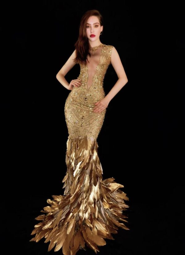 Gold Feather Rhinestone Bag Hip Elastic Evening Dress - Image 2