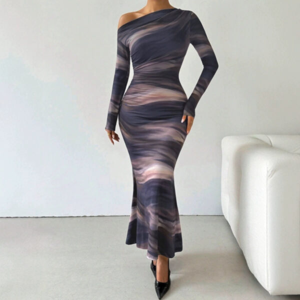 Tie-dyed Crossbody Shoulder Asymmetric Fold Dress - Image 3