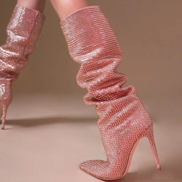 Women’s Fashion Pointed Toe Stiletto Rhinestone Tall Boots