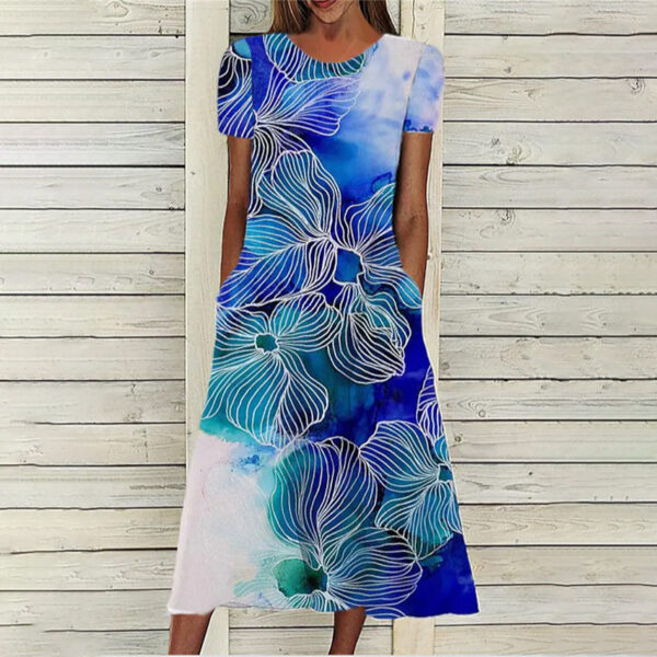 Floral Print Round Neck Short Sleeve Pocket Dress - Image 6