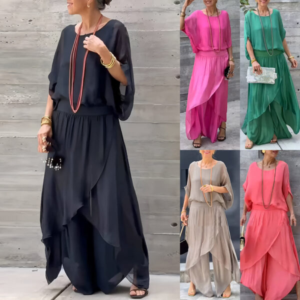 Top Split Wide Leg Pants Chiffon Casual Suit