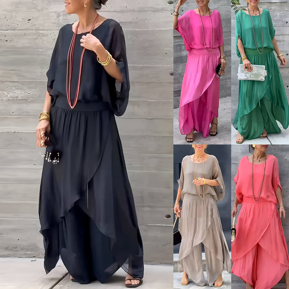 Top Split Wide Leg Pants Chiffon Casual Suit