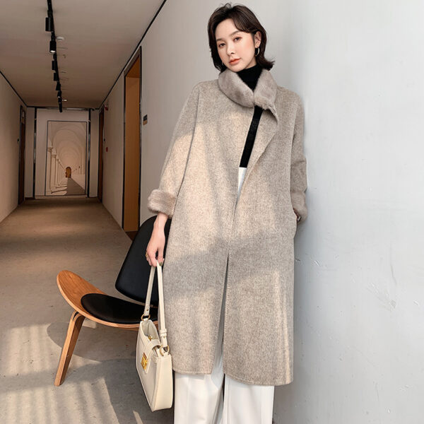 Mink Fur Lace Up Slim Fit Wool Overcoat - Image 2