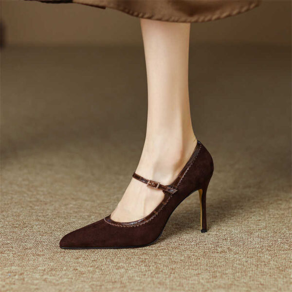 Women's Stiletto Heel Genuine Leather Buckle Pointed Toe Low-cut Shoes - Image 3