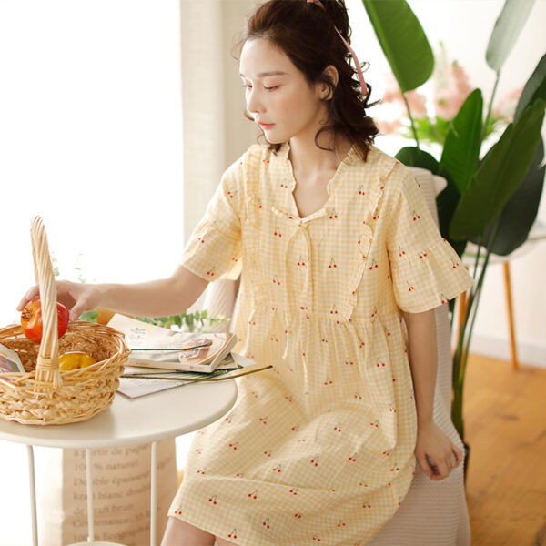 Women's Summer Short-sleeved Korean Style Cotton Nightdress With Chest Pad Floral Print - Image 5