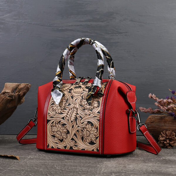 Leather Carving Stylish Textured Vintage First Layer Cowhide Portable Messenger Bag - Image 3