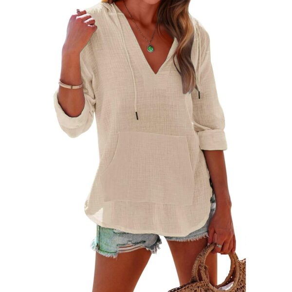Sports Long Sleeve V-neck Pocket Hooded Women's Shirt Top - Image 2