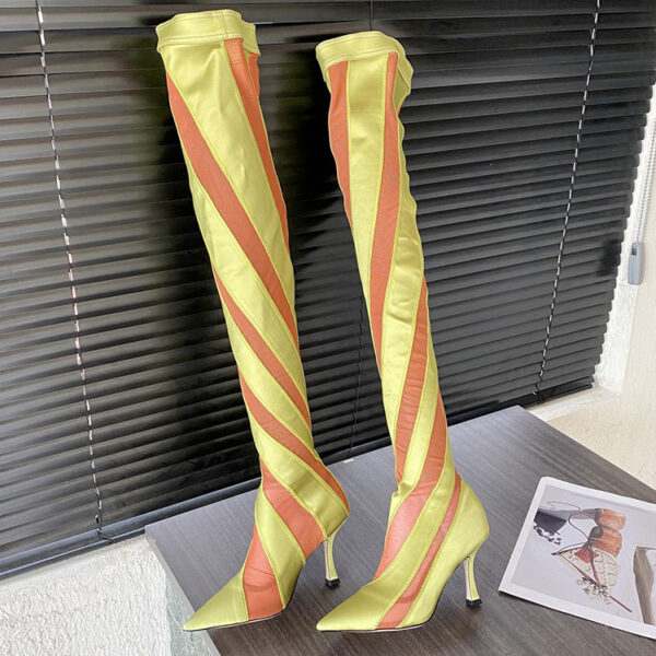 Pointed High Heel Elastic Thread Stitching Mesh Long Tube Over The Knee Boots - Image 2