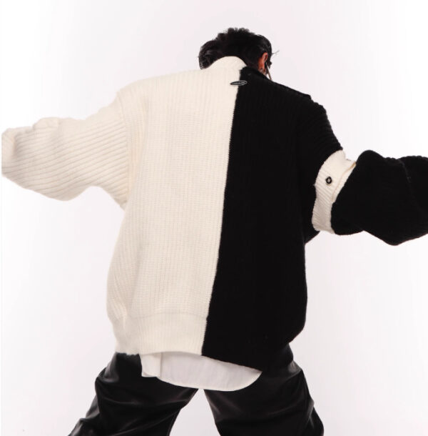 Deconstructing Sweater Loose Black And White Stitching Design Cardigan Metal Button Knitted Coat - Image 6