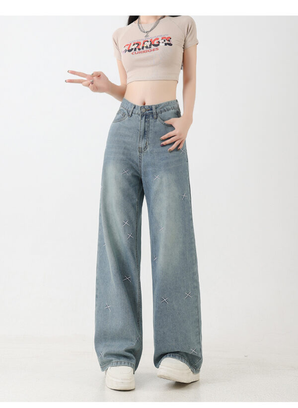 Women's Tencel Light Colored Embroidered Wide Leg Jeans - Image 4