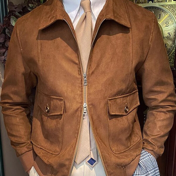 Suede Coffee Bomber Jacket For Man - Image 2