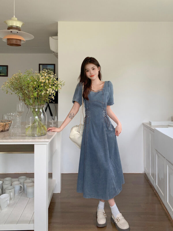 Plus Size Women's French Short Sleeve Dress Waist Slimming Denim Skirt Pear Shape - Image 7