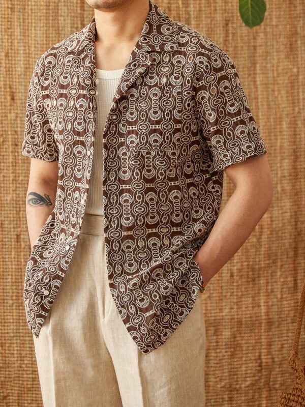 Vintage Embroidered Cotton Casual Cuban Collar Short Sleeve Printed Shirt - Image 3