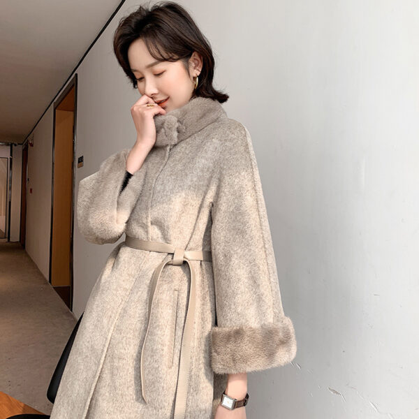Mink Fur Lace Up Slim Fit Wool Overcoat - Image 5