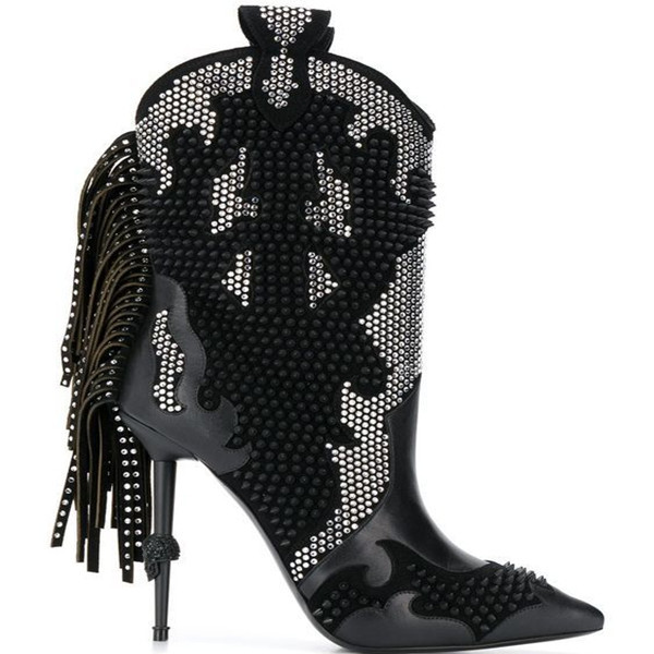 Women’s Colorblock Hot Drill Pointed Toe Fringe Fashion Short Boots