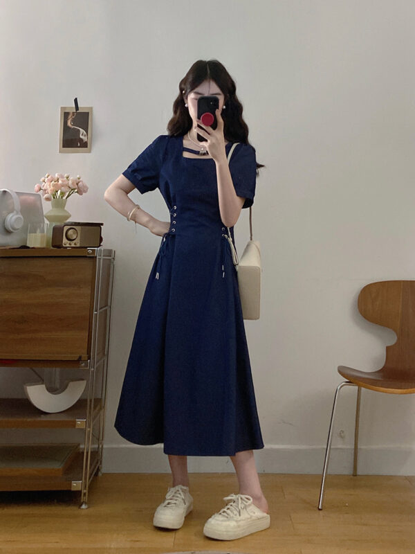 Plus Size Women's French Short Sleeve Dress Waist Slimming Denim Skirt Pear Shape - Image 6