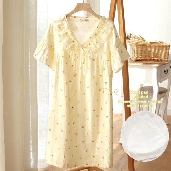 Women's Summer Short-sleeved Korean Style Cotton Nightdress With Chest Pad Floral Print - Image 4