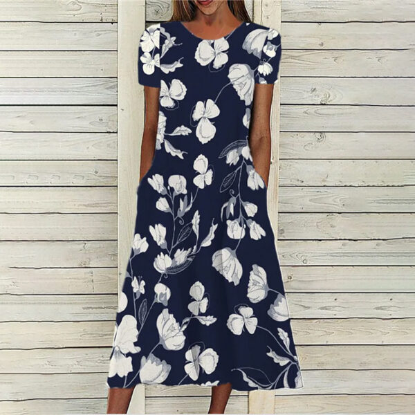 Floral Print Round Neck Short Sleeve Pocket Dress - Image 5