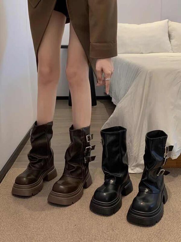Women's Fashion Shoes Belt Buckle Platform Motorcycle Boots - Image 3