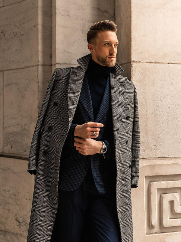 Full Wool Suit Collar Medium Length Double Breasted Checked Overcoat - Image 4