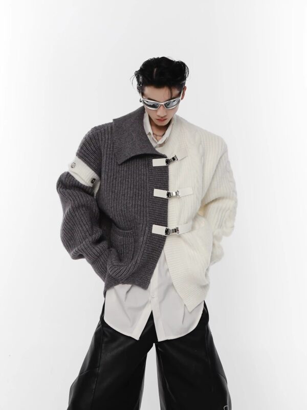 Deconstructing Sweater Loose Black And White Stitching Design Cardigan Metal Button Knitted Coat - Image 3