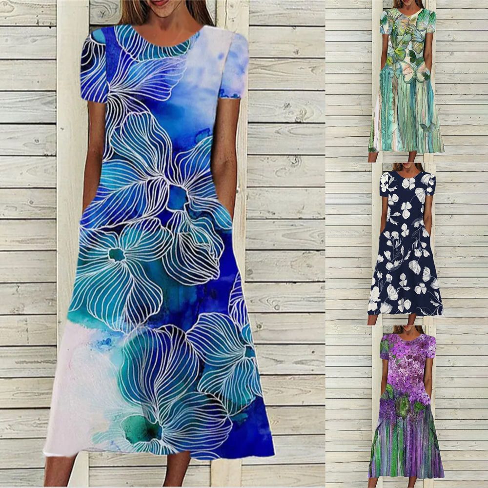 Floral Print Round Neck Short Sleeve Pocket Dress