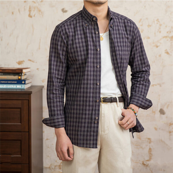 Cotton And Linen Plaid Vintage Long Sleeve Shirt - Image 4