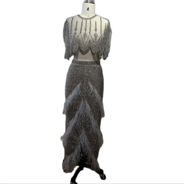 European And American Silver Nude Slim-fit Feather Shawl Host Performance Ladies' Evening Dress - Image 3