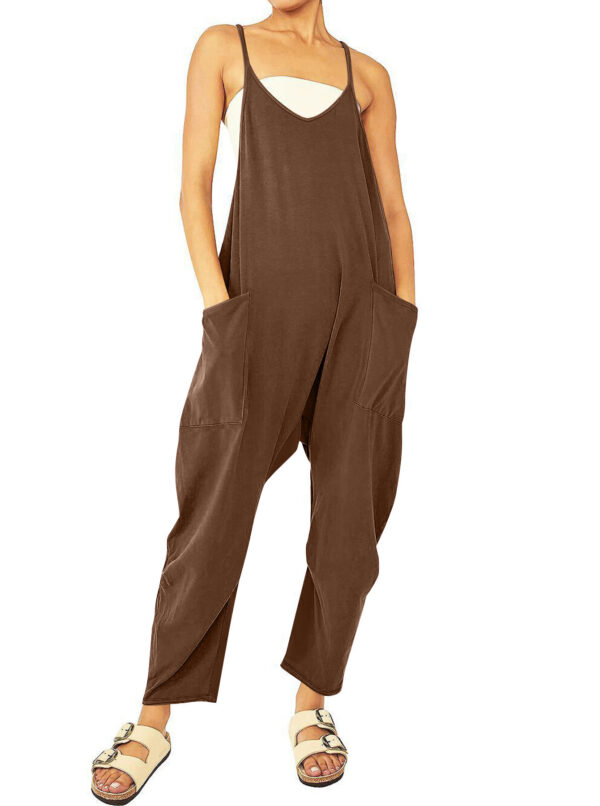 Women's Pocket Spaghetti Straps Knitted One-piece Trousers - Image 3