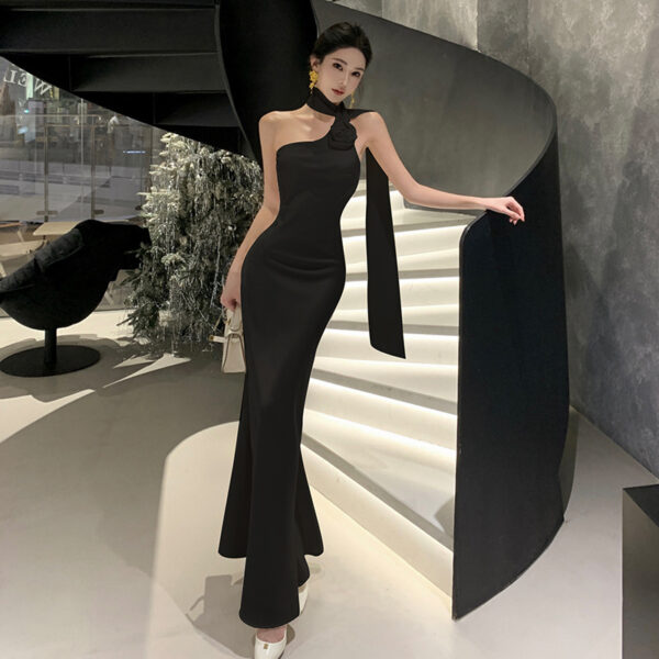 French Style Retro Elegant Sense Of Atmosphere Sloping Shoulder Dress Women - Image 5