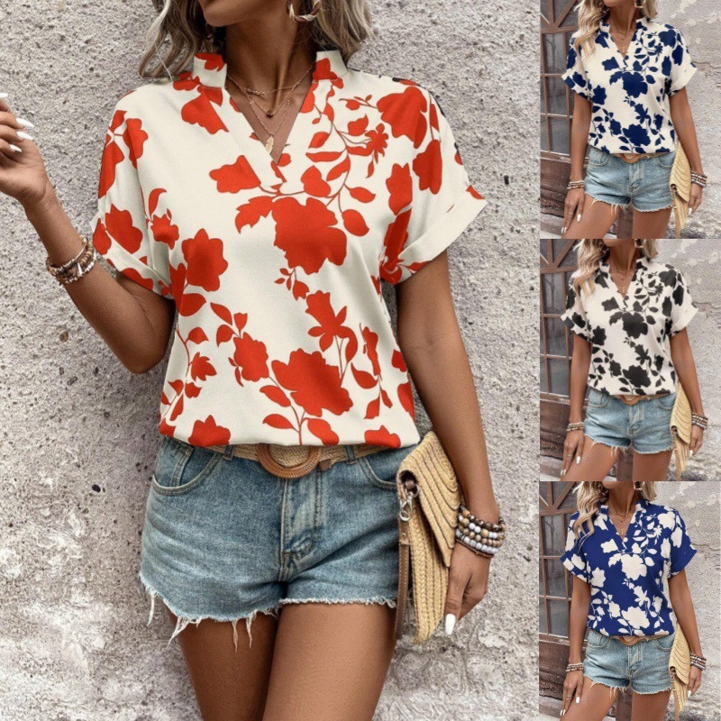 Big Floral Print V-neck Batwing Sleeve Leisure Loose Shirt