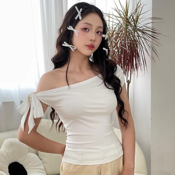 Pleated One-shoulder Backless Twisted Lace-up Asymmetric T-shirt Top - Image 7