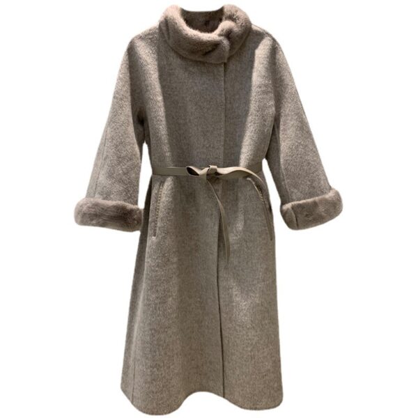 Mink Fur Lace Up Slim Fit Wool Overcoat - Image 4