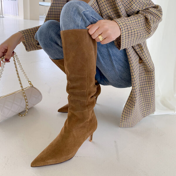 French Suede Boots Women's Brown Stiletto Heel - Image 6