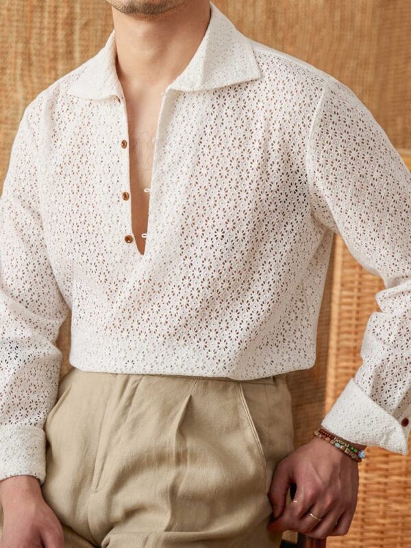 Open Collar Hollow Breathable Casual Long-sleeved Shirt - Image 2