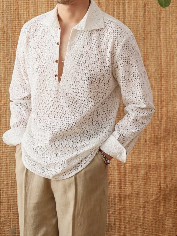 Open Collar Hollow Breathable Casual Long-sleeved Shirt - Image 5